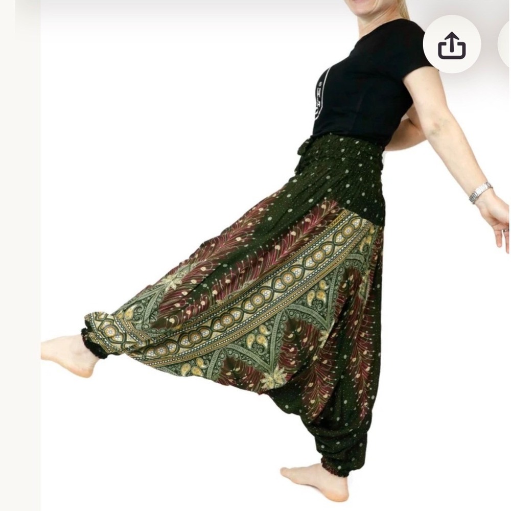 Lannaclothesdesign Harem Pants Womens S Green Paisley Smocked Waist Boho Genie